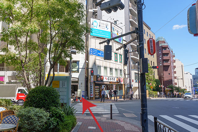 医院のある交差点、横断歩道を渡って左へ。